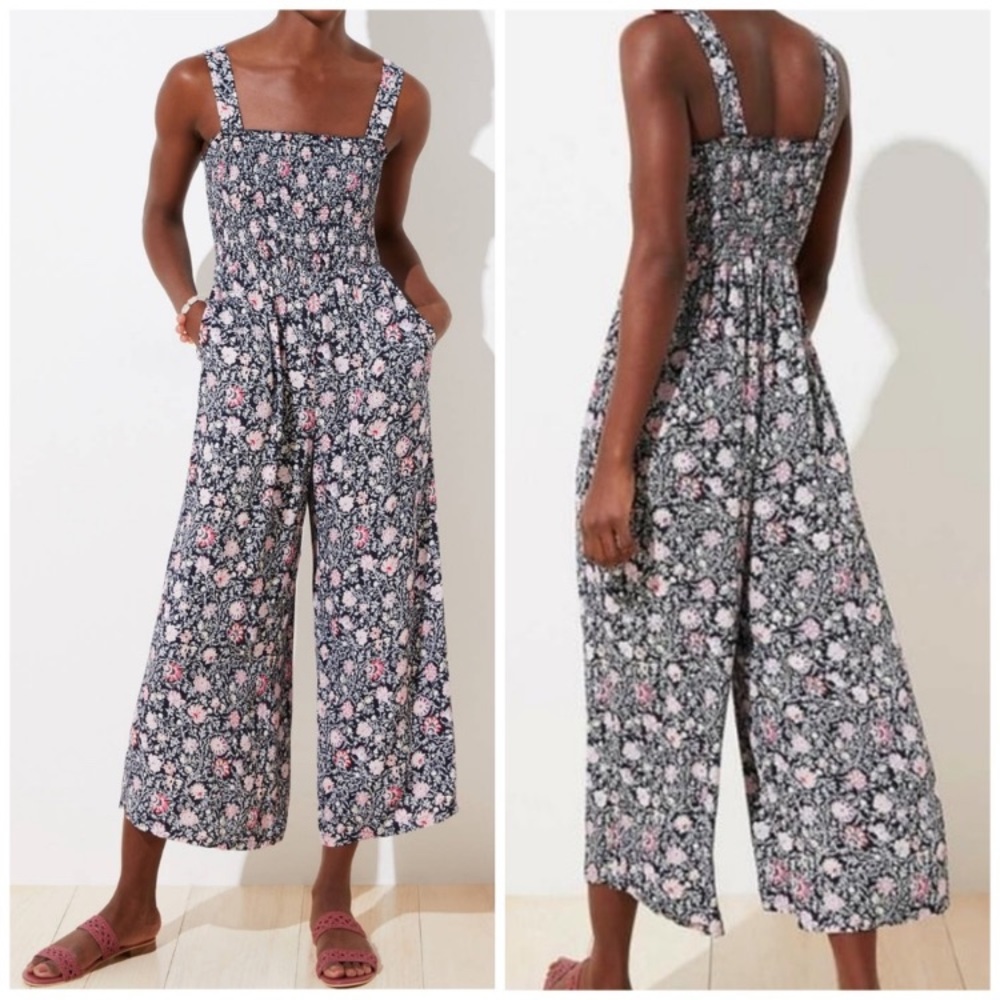 LOFT black and pink floral wide leg jumpsuit. Size M